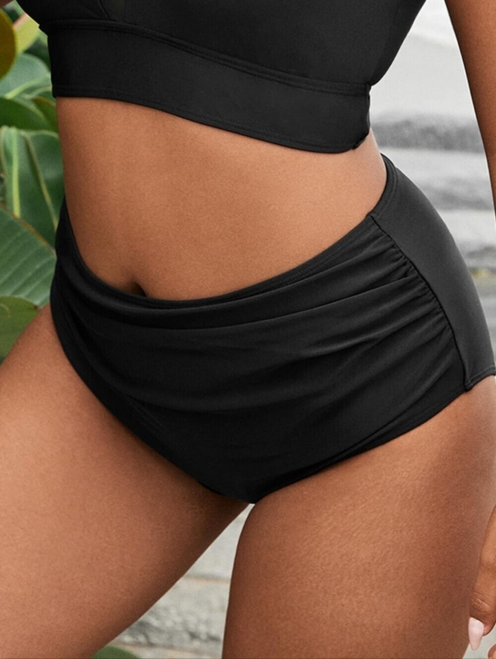 Size 0X Black High-Waisted Ruched Front Bikini Bottoms